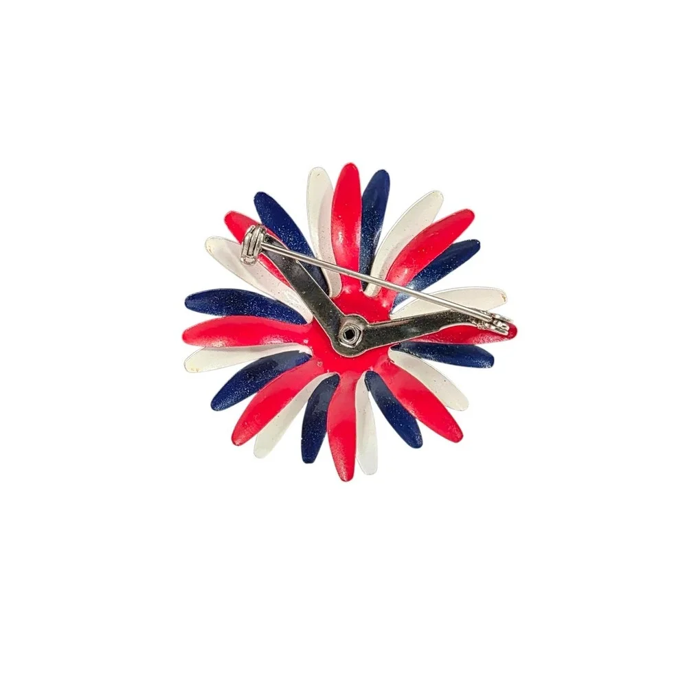 Vintage July 4th Red White Blue Enamel Daisy Brooch Clip On Earring Patriotic‎